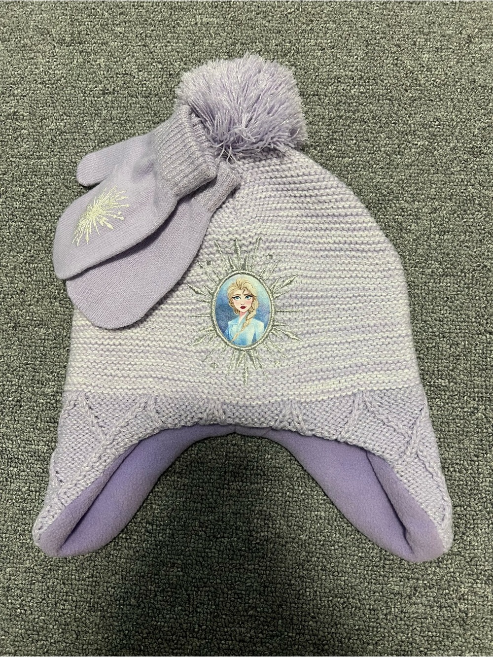 Girls' Purple Character Knit Pom Pom Hat and Mittens Set